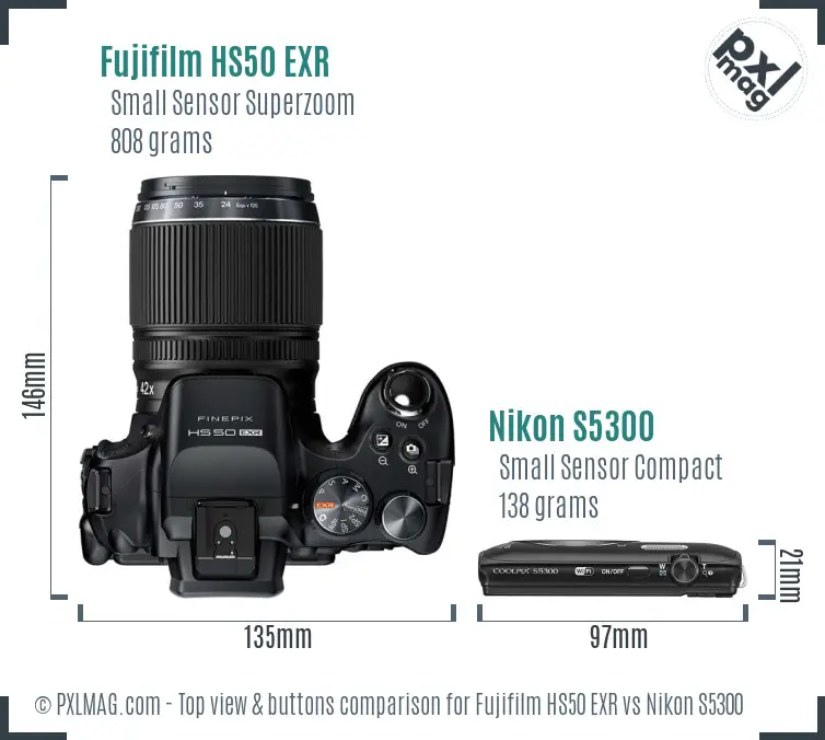 Fujifilm HS50 EXR vs Nikon S5300 top view buttons comparison
