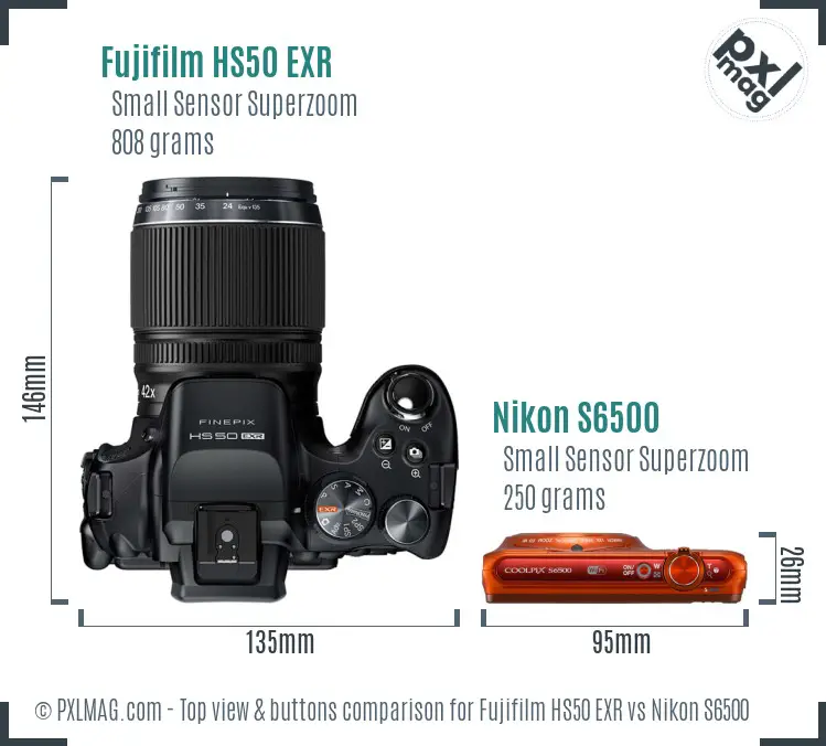 Fujifilm HS50 EXR vs Nikon S6500 top view buttons comparison