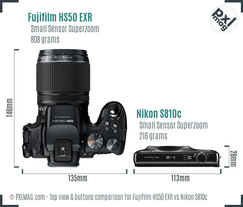 Fujifilm HS50 EXR vs Nikon S810c top view buttons comparison Fujifilm HS50 EXR vs Nikon S810c top view buttons comparison