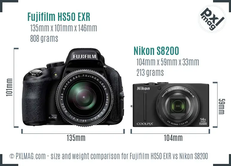 Fujifilm HS50 EXR vs Nikon S8200 size comparison