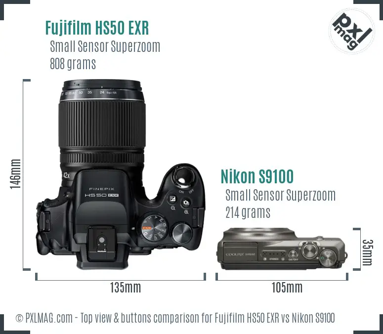 Fujifilm HS50 EXR vs Nikon S9100 top view buttons comparison Fujifilm HS50 EXR vs Nikon S9100 top view buttons comparison