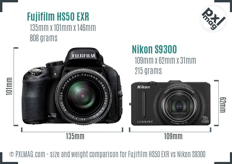 Fujifilm HS50 EXR vs Nikon S9300 size comparison