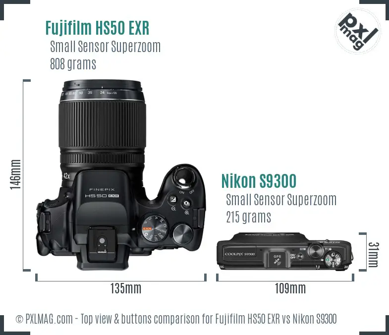 Fujifilm HS50 EXR vs Nikon S9300 top view buttons comparison