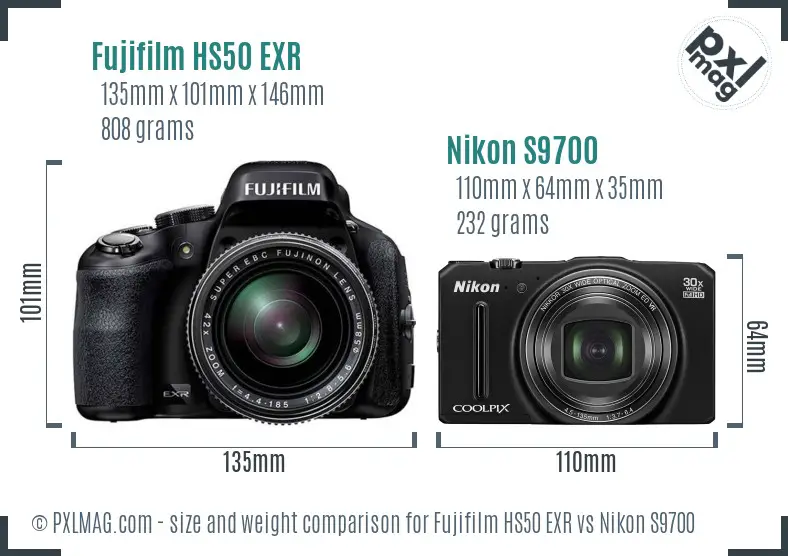 Fujifilm HS50 EXR vs Nikon S9700 size comparison