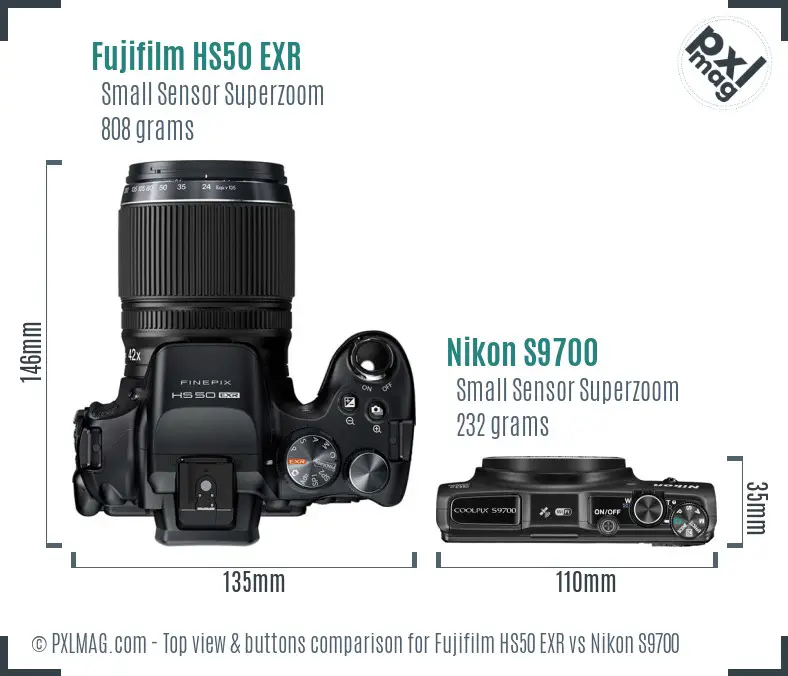 Fujifilm HS50 EXR vs Nikon S9700 top view buttons comparison