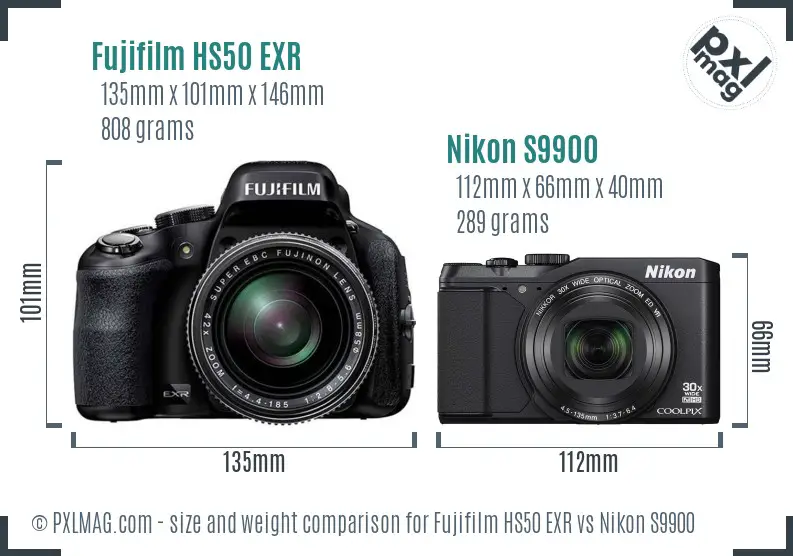 Fujifilm HS50 EXR vs Nikon S9900 size comparison Fujifilm HS50 EXR vs Nikon S9900 size comparison
