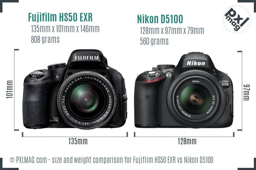 Fujifilm HS50 EXR vs Nikon D5100 size comparison Fujifilm HS50 EXR vs Nikon D5100 size comparison