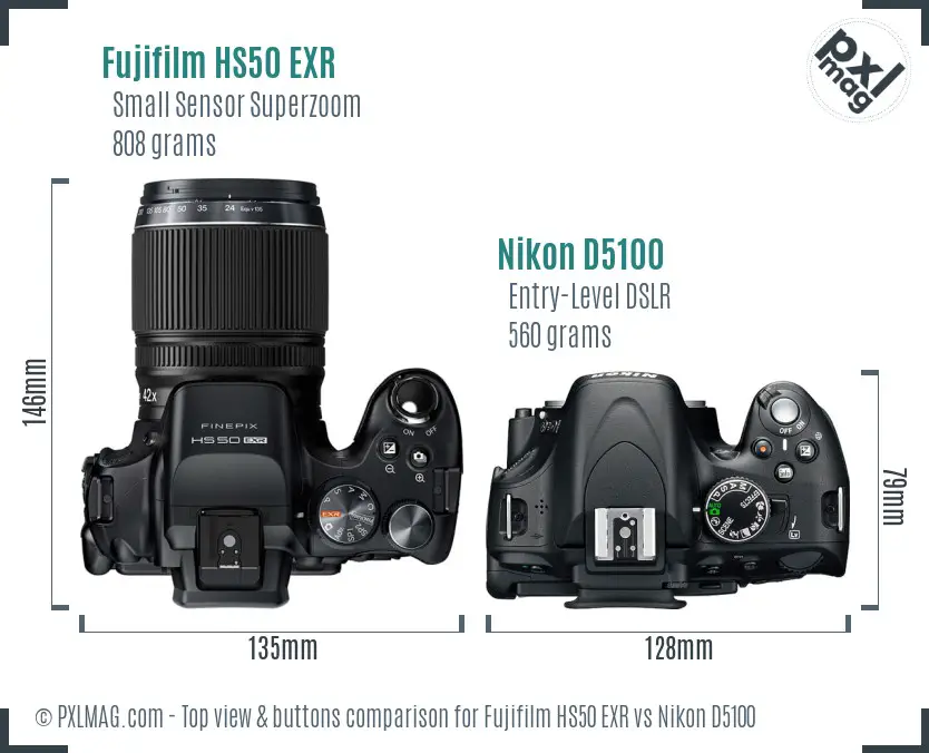 Fujifilm HS50 EXR vs Nikon D5100 top view buttons comparison Fujifilm HS50 EXR vs Nikon D5100 top view buttons comparison