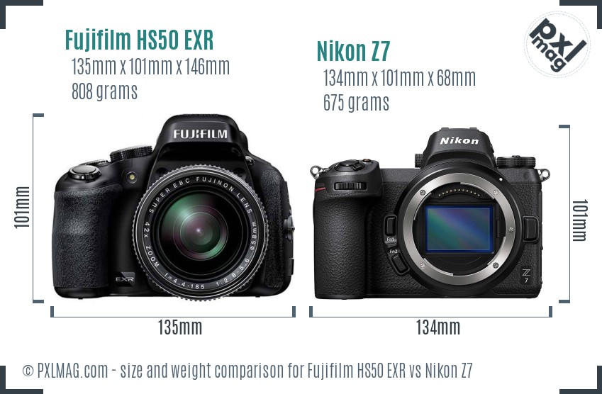 Fujifilm HS50 EXR vs Nikon Z7 size comparison