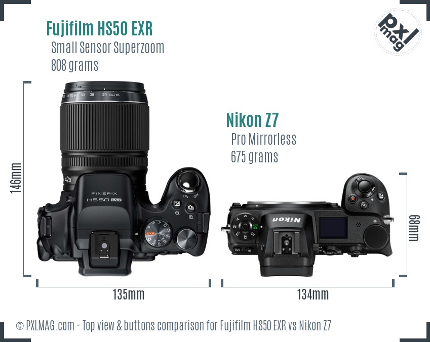 Fujifilm HS50 EXR vs Nikon Z7 top view buttons comparison