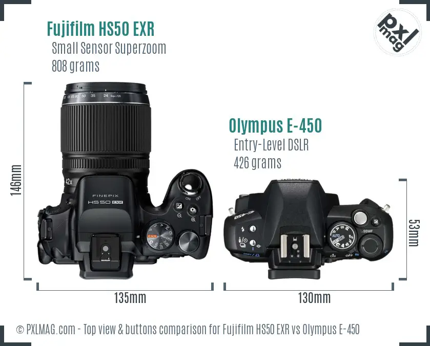 Fujifilm HS50 EXR vs Olympus E-450 top view buttons comparison