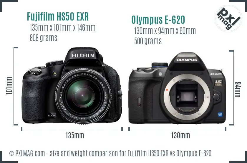 Fujifilm HS50 EXR vs Olympus E-620 size comparison