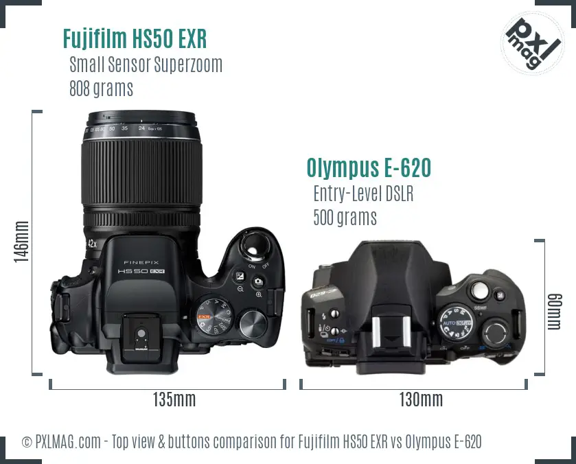 Fujifilm HS50 EXR vs Olympus E-620 top view buttons comparison