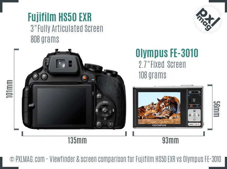 Fujifilm HS50 EXR vs Olympus FE-3010 Screen and Viewfinder comparison