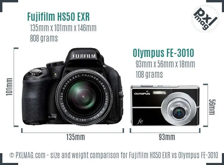 Fujifilm HS50 EXR vs Olympus FE-3010 size comparison