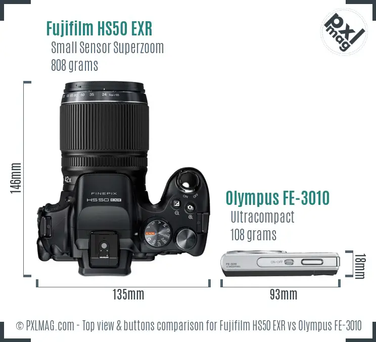 Fujifilm HS50 EXR vs Olympus FE-3010 top view buttons comparison