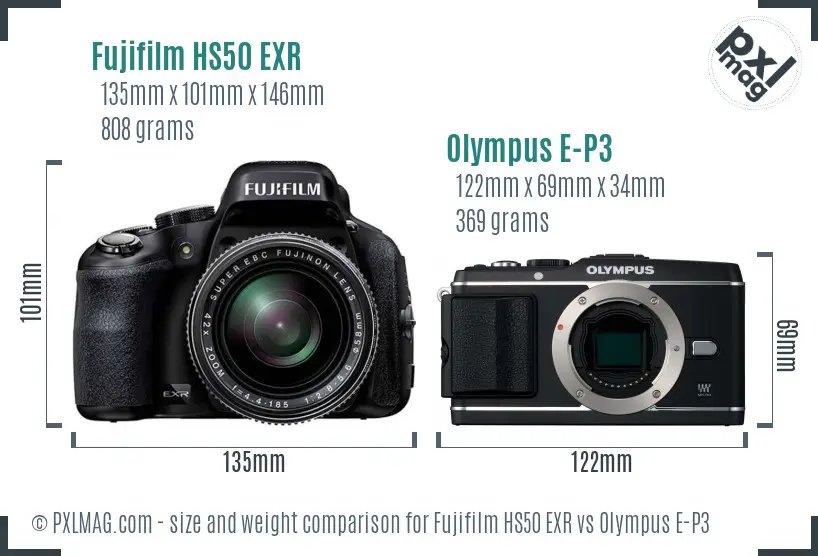 Fujifilm HS50 EXR vs Olympus E-P3 size comparison