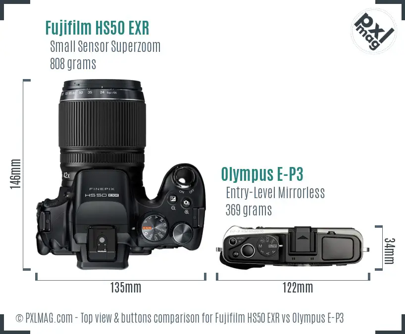 Fujifilm HS50 EXR vs Olympus E-P3 top view buttons comparison