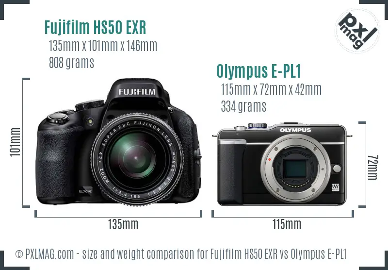 Fujifilm HS50 EXR vs Olympus E-PL1 size comparison