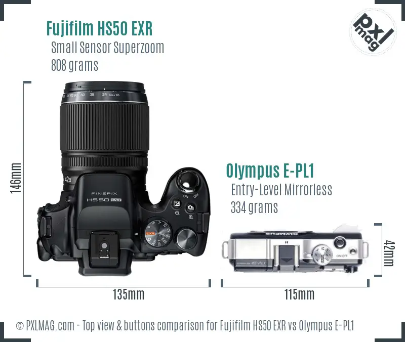 Fujifilm HS50 EXR vs Olympus E-PL1 top view buttons comparison