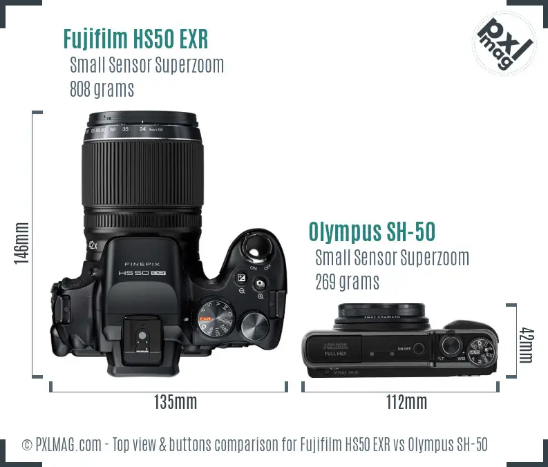 Fujifilm HS50 EXR vs Olympus SH-50 top view buttons comparison