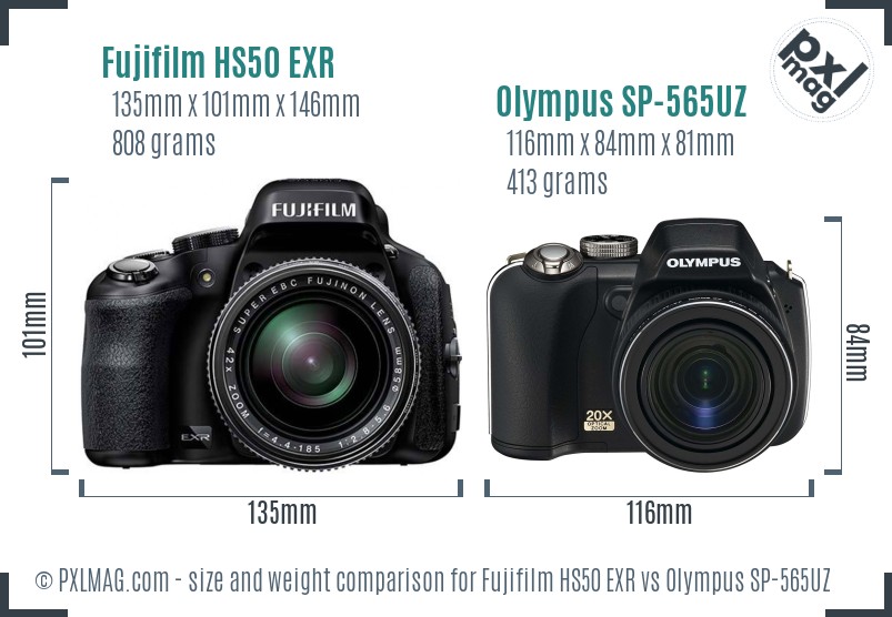 Fujifilm HS50 EXR vs Olympus SP-565UZ size comparison Fujifilm HS50 EXR vs Olympus SP-565UZ size comparison