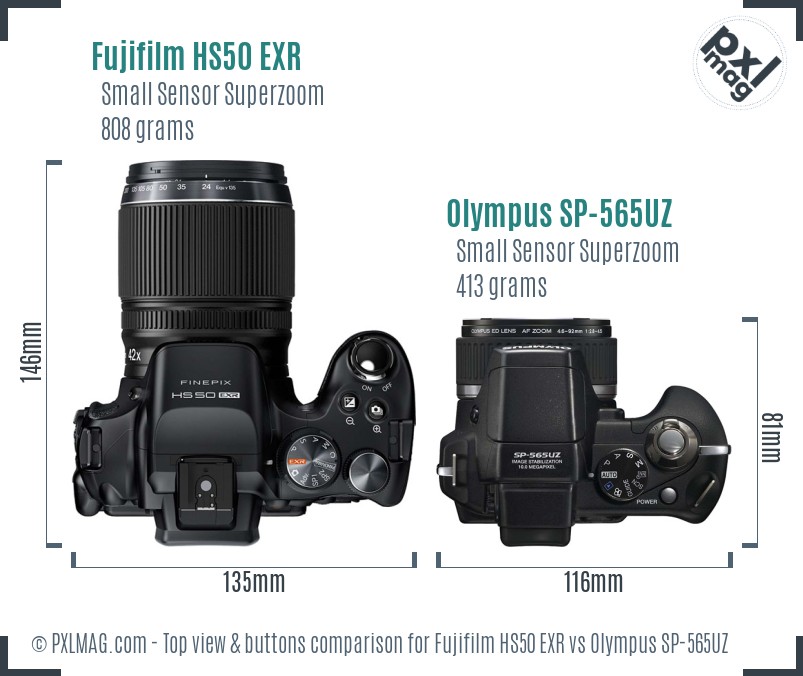 Fujifilm HS50 EXR vs Olympus SP-565UZ top view buttons comparison