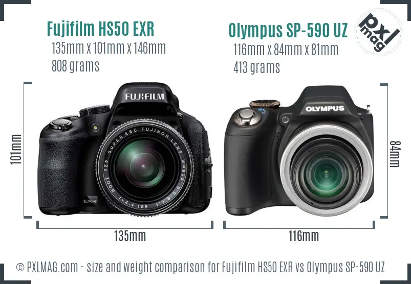 Fujifilm HS50 EXR vs Olympus SP-590 UZ size comparison