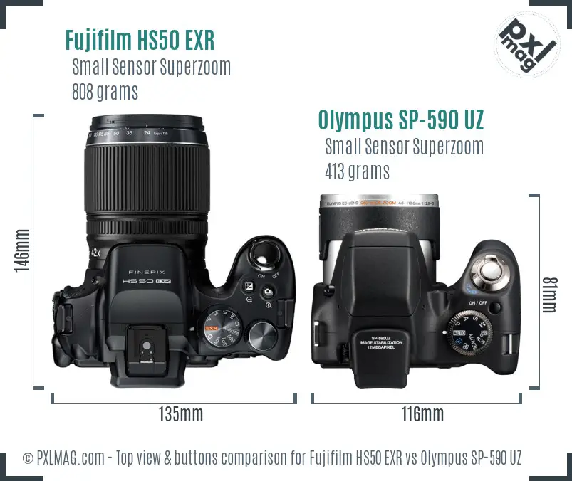Fujifilm HS50 EXR vs Olympus SP-590 UZ top view buttons comparison