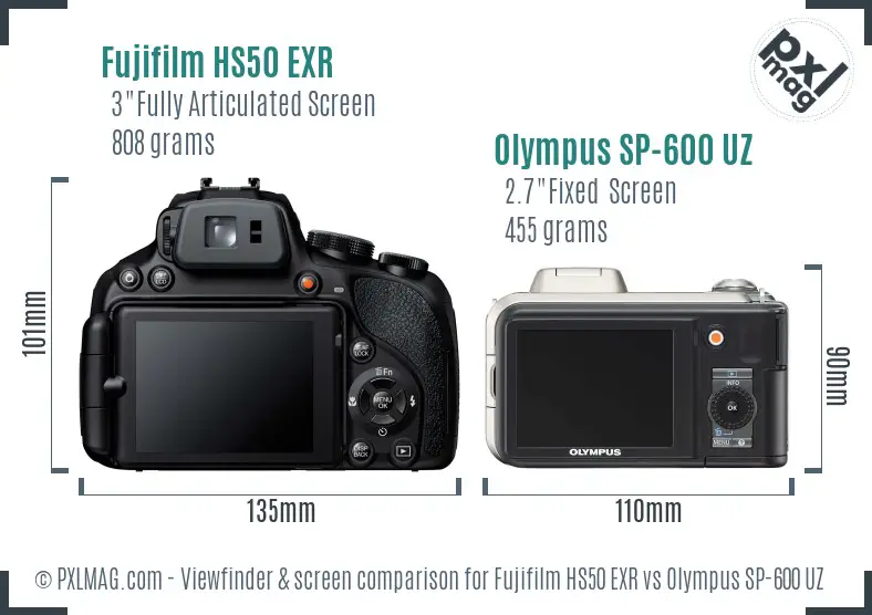 Fujifilm HS50 EXR vs Olympus SP-600 UZ Screen and Viewfinder comparison