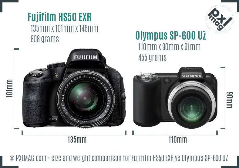 Fujifilm HS50 EXR vs Olympus SP-600 UZ size comparison