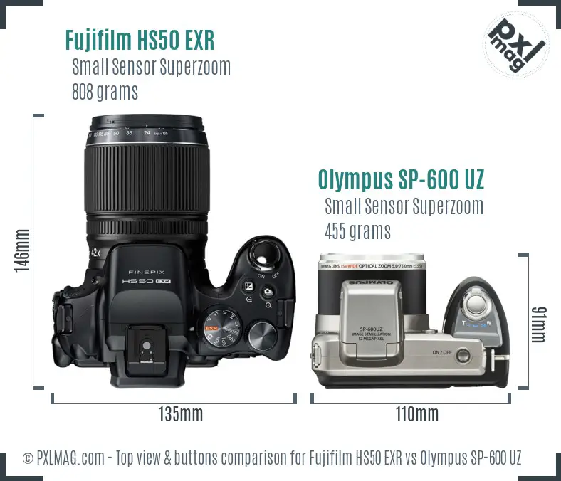 Fujifilm HS50 EXR vs Olympus SP-600 UZ top view buttons comparison