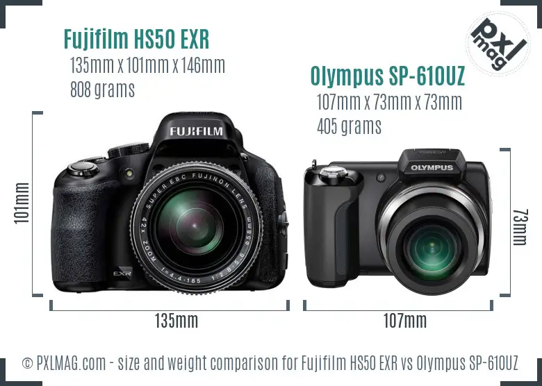 Fujifilm HS50 EXR vs Olympus SP-610UZ size comparison