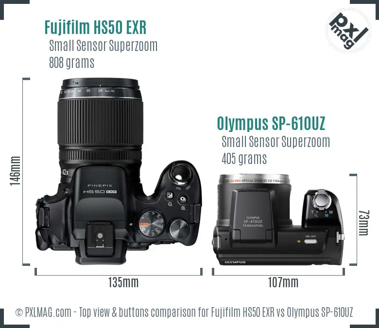 Fujifilm HS50 EXR vs Olympus SP-610UZ top view buttons comparison