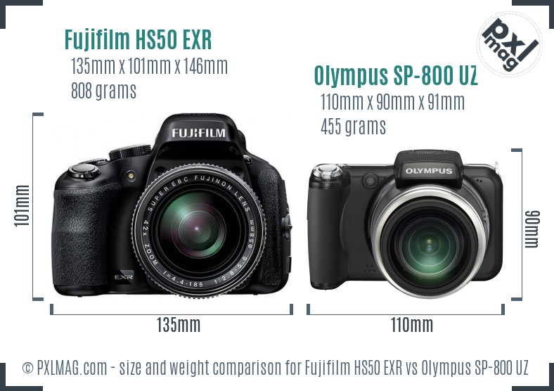Fujifilm HS50 EXR vs Olympus SP-800 UZ size comparison