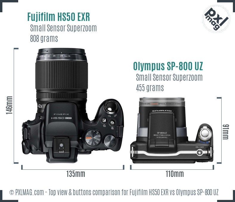 Fujifilm HS50 EXR vs Olympus SP-800 UZ top view buttons comparison