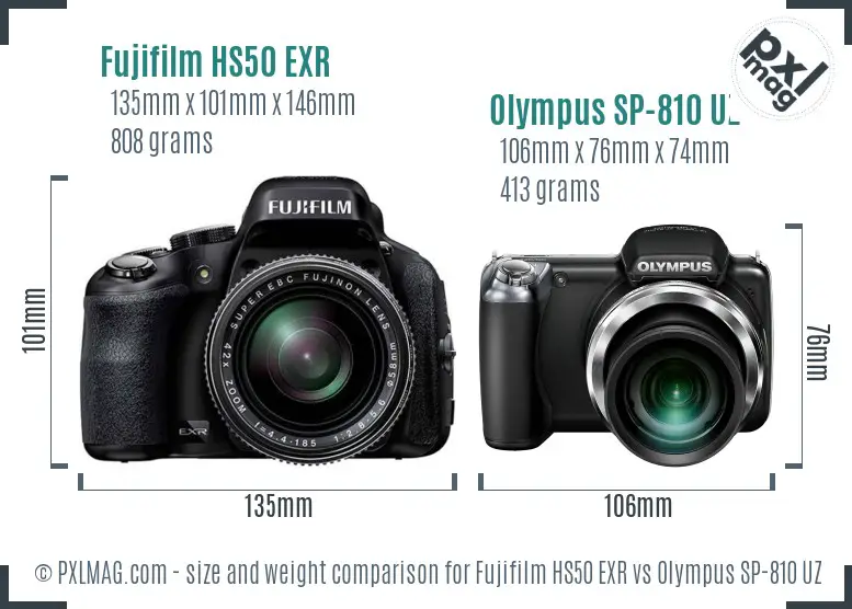 Fujifilm HS50 EXR vs Olympus SP-810 UZ size comparison
