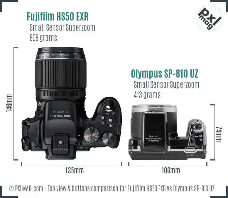 Fujifilm HS50 EXR vs Olympus SP-810 UZ top view buttons comparison