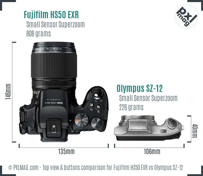 Fujifilm HS50 EXR vs Olympus SZ-12 top view buttons comparison