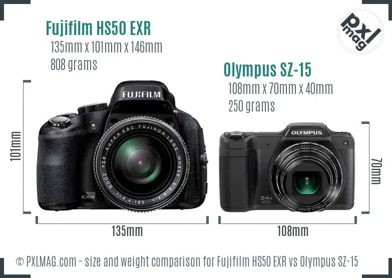 Fujifilm HS50 EXR vs Olympus SZ-15 size comparison