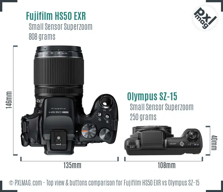 Fujifilm HS50 EXR vs Olympus SZ-15 top view buttons comparison