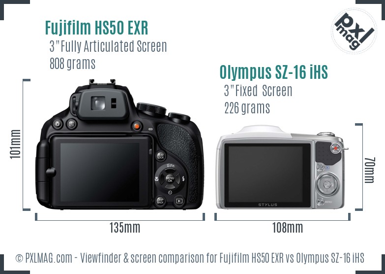 Fujifilm HS50 EXR vs Olympus SZ-16 iHS Screen and Viewfinder comparison