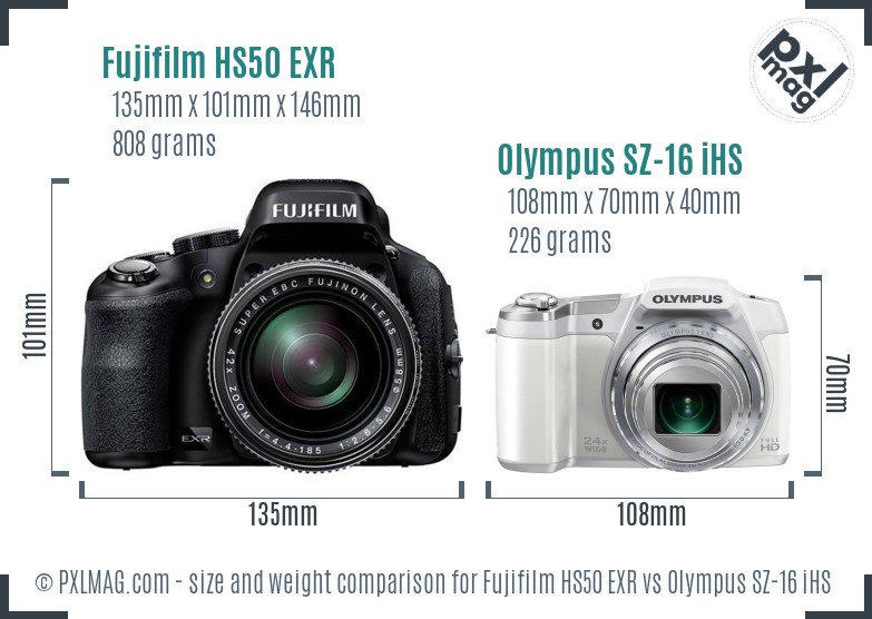 Fujifilm HS50 EXR vs Olympus SZ-16 iHS size comparison Fujifilm HS50 EXR vs Olympus SZ-16 iHS size comparison