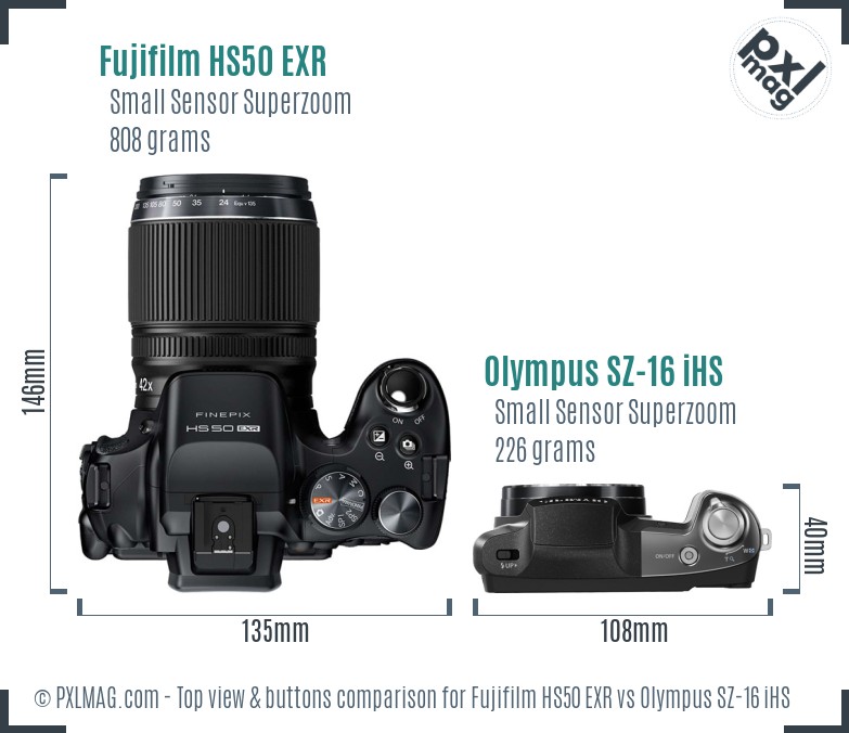 Fujifilm HS50 EXR vs Olympus SZ-16 iHS top view buttons comparison