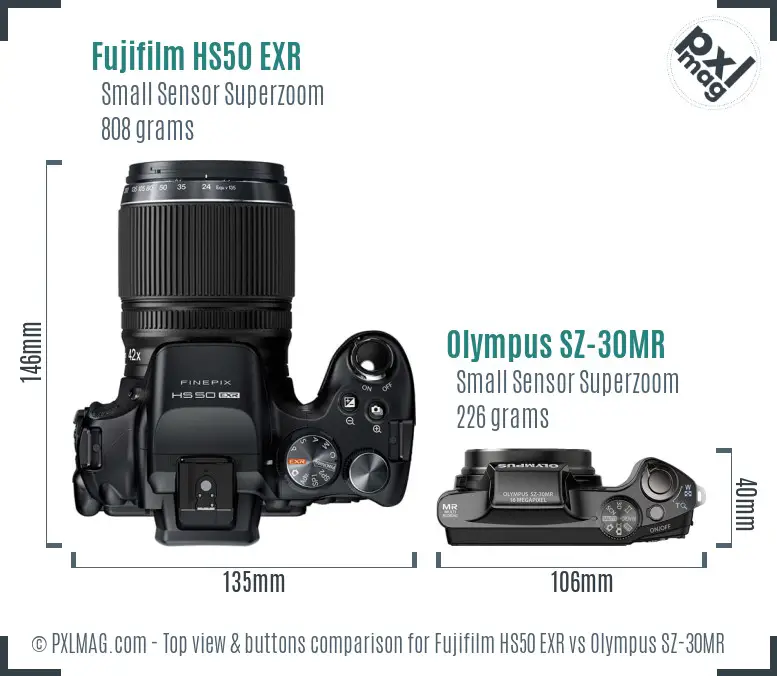 Fujifilm HS50 EXR vs Olympus SZ-30MR top view buttons comparison