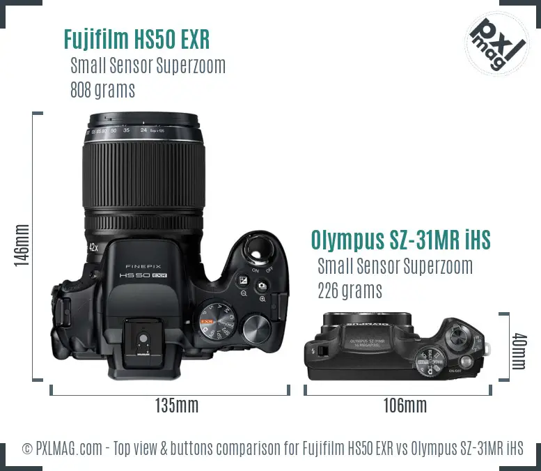 Fujifilm HS50 EXR vs Olympus SZ-31MR iHS top view buttons comparison