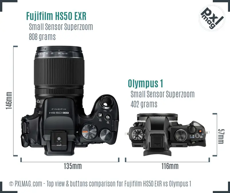 Fujifilm HS50 EXR vs Olympus 1 top view buttons comparison