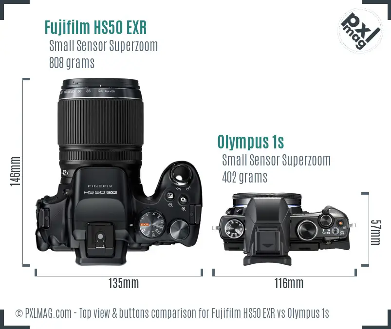 Fujifilm HS50 EXR vs Olympus 1s top view buttons comparison