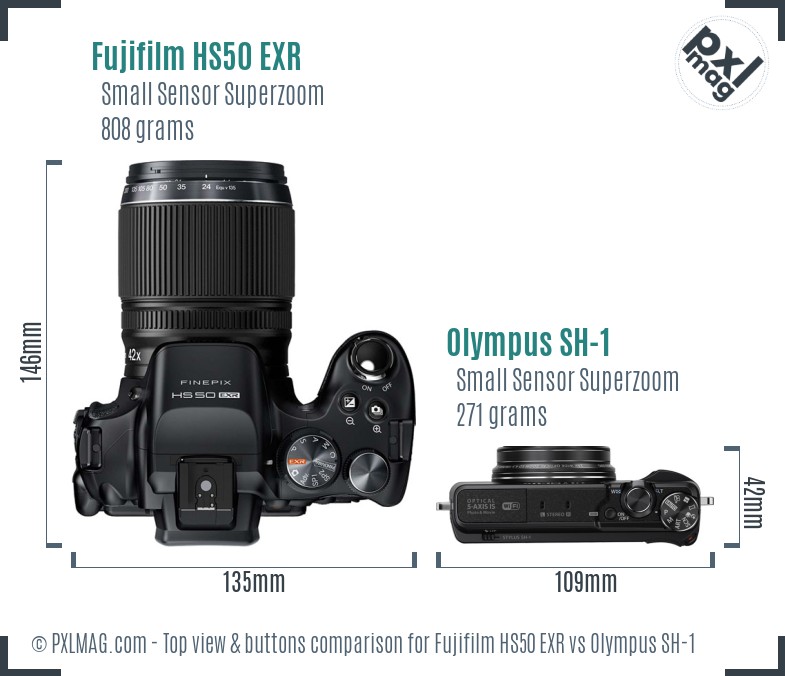 Fujifilm HS50 EXR vs Olympus SH-1 top view buttons comparison