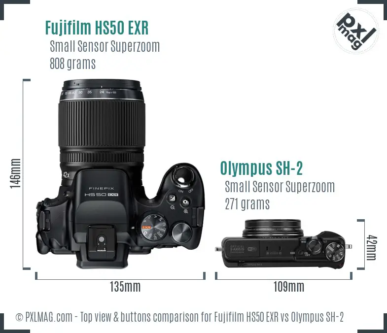 Fujifilm HS50 EXR vs Olympus SH-2 top view buttons comparison